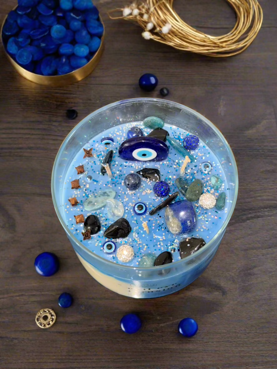 Manifest spiritual protection and ward off evil with the EVIL EYE INFUSION CANDLE