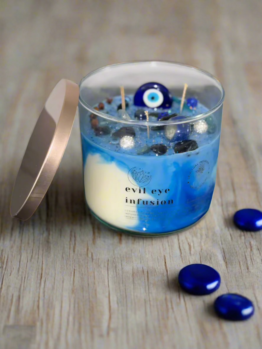 Manifest spiritual protection and ward off evil with the EVIL EYE INFUSION CANDLE